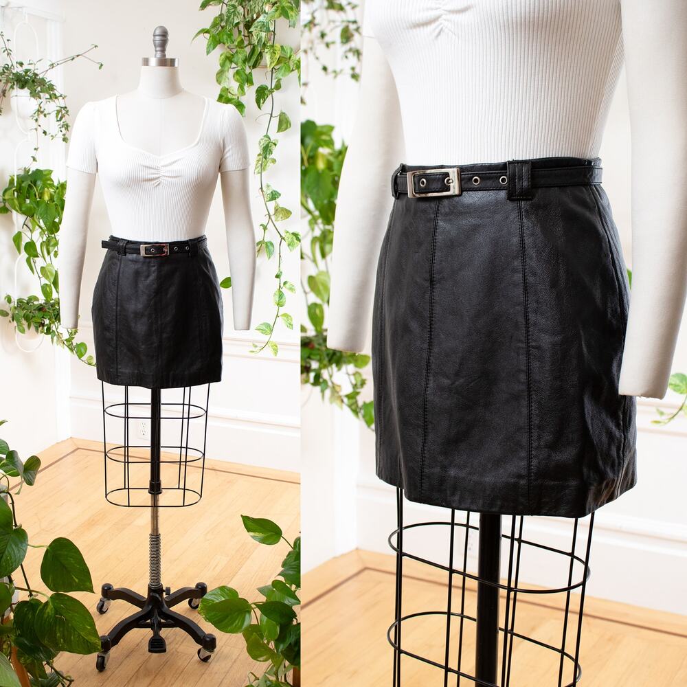 Vintage 2000s Y2K WILSONS Black Leather Micro Mini Skirt with Belt